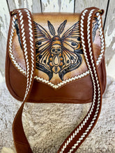 Load image into Gallery viewer, Hand Tooled Moth &amp; Skull Leather Crossbody Bag – Genuine Leather Boho Shoulder Bag-Handbags, Wallets &amp; Cases-Dreamtime Boho -Dreamtime Boho