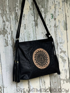 Tooled Leather Crossbody Mandala Boho Bag-Crossbody Bag-Dreamtime Boho-Black-Dreamtime Boho