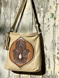 Hamsa Hand Tooled Leather Crossbody Boho Bag-Handbags, Wallets & Cases-Dreamtime Boho -Dreamtime Boho