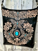 Load image into Gallery viewer, Dragonfly Turquoise Leather Crossbody Boho Bag-Crossbody Bag-Dreamtime Boho-Dreamtime Boho