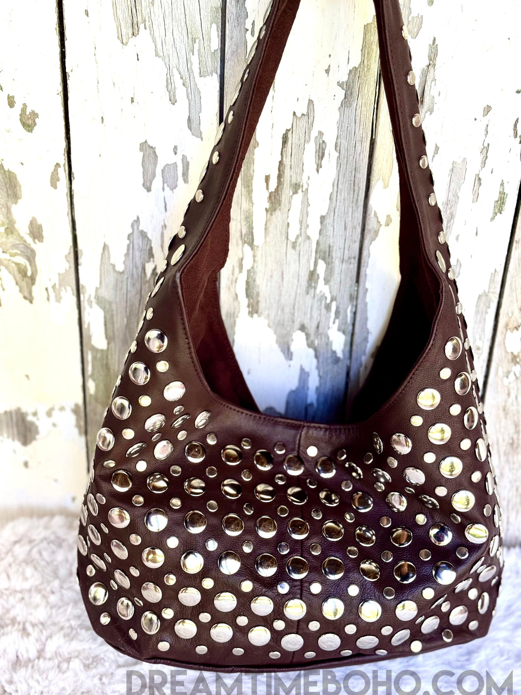 Leather Studded Shoulder Bag – Rock Star Boho Vibes-Apparel & Accessories-Dreamtime Boho -Chocolate-Dreamtime Boho