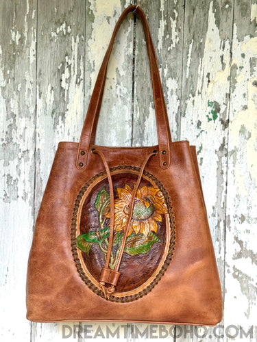 Luxe Handtooled Sunflower Leather Shoulder Tote Bag-Leather Shoulder Bag-Dreamtime Boho-Dreamtime Boho