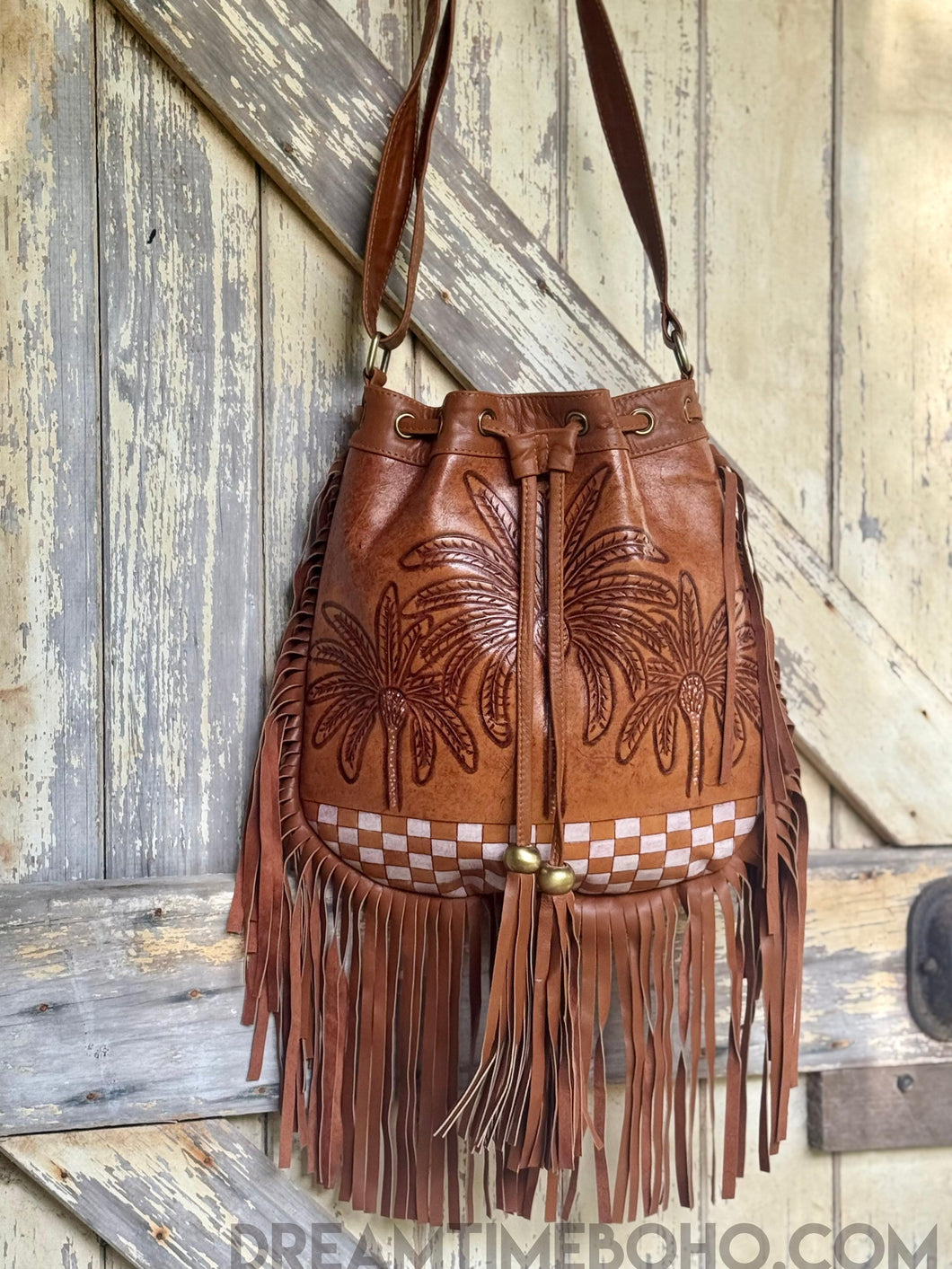 Palm Dreams Hand Tooled Leather Crossbody Fringe Bag-Handbags, Wallets & Cases-Dreamtime Boho -Dreamtime Boho