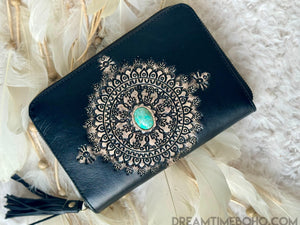 Black Mandala Leather Wallet Purse with Turquoise Stone Feature - Large-Apparel & Accessories-Dreamtime Boho -Dreamtime Boho