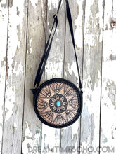 Load image into Gallery viewer, Hand Tooled Round Leather Mandala Star Boho Bag-Handbags-Dreamtime Boho -Turquoise Stone-Dreamtime Boho