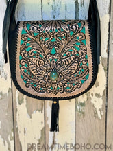 Load image into Gallery viewer, Tooled Leather Crossbody Boho Bag Turquoise/Black-Crossbody Handbag-Dreamtime Boho-Dreamtime Boho