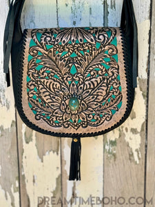 Tooled Leather Crossbody Boho Bag Turquoise/Black-Crossbody Handbag-Dreamtime Boho-Dreamtime Boho