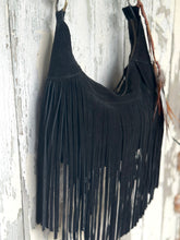 Load image into Gallery viewer, Black Feather Fringe Suede Boho Bag