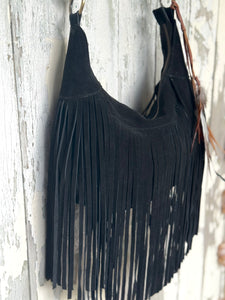 Black Feather Fringe Suede Boho Bag