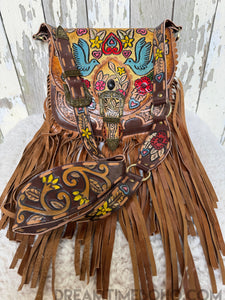 Luxe Love Story Hand Tooled Painted Leather Fringe Boho Bag-Dreamtime Boho -Dreamtime Boho