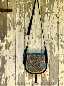 Tooled Leather Crossbody Boho Bag Turquoise/Black-Crossbody Handbag-Dreamtime Boho-Dreamtime Boho