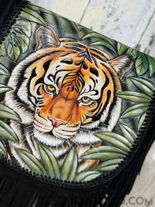 Hand Painted Tiger Fringe Leather Boho Bag-Leather Crossbody Bag-Dreamtime Boho-Dreamtime Boho