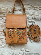 Load image into Gallery viewer, Hand-Tooled Leather Crossbody Wallet with Mandala Design-Apparel &amp; Accessories-Dreamtime Boho -Tan-Dreamtime Boho