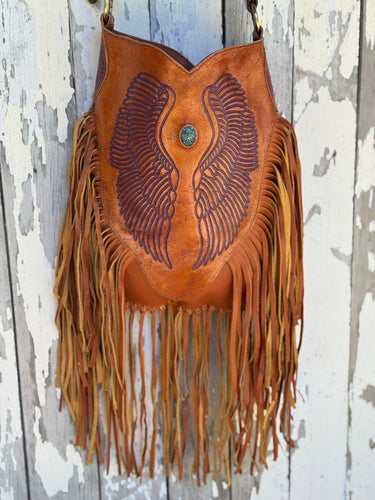 Hand Tooled Dream Angel Fringe Leather Boho Bag
