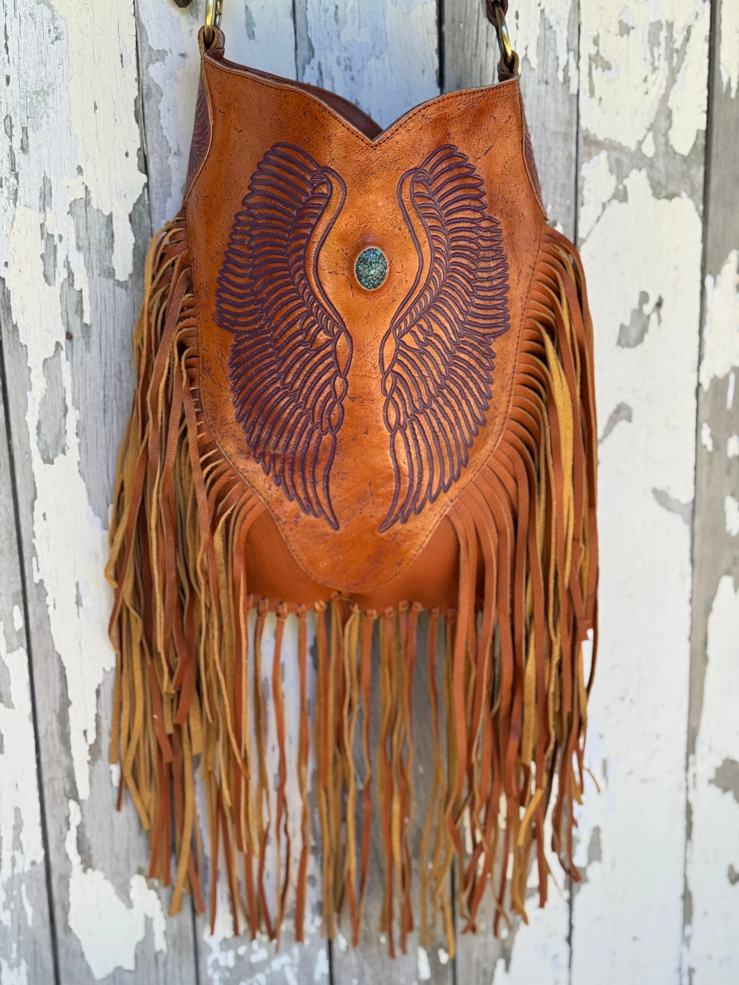 Hand Tooled Dream Angel Fringe Leather Boho Bag