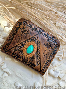 Hand Tooled Turquoise Stone Leather Wallet Purse-Apparel & Accessories-Dreamtime Boho -Dreamtime Boho