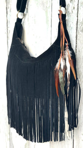Black Feather Fringe Suede Boho Bag