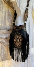 Load image into Gallery viewer, Desert Bloom Hand Tooled Leather Fringe Crossbody Bag – Black