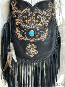 Goddess Hand Tooled Fringed Leather Boho Bag-Crossbody Bag-Dreamtime Boho-Beige-Dreamtime Boho