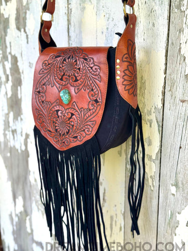 Black Leather Suede Fringe Boho Bag - Shakira-Boho Fringe Bag-Dreamtime Boho-Dreamtime Boho