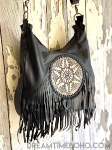 Leather Convertible Mandala Backpack/crossbody Fringed Boho Bag-Boho Handbags-Dreamtime Boho-Tan-Dreamtime Boho