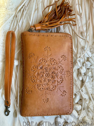 Hand Tooled Leather Wallet with Wristlet & Tassel – Boho Chic Style-Apparel & Accessories-Dreamtime Boho -Dreamtime Boho