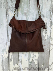 Antique Brown Leather Crossbody Fold Over Bag-Apparel & Accessories-Dreamtime Boho-Dreamtime Boho