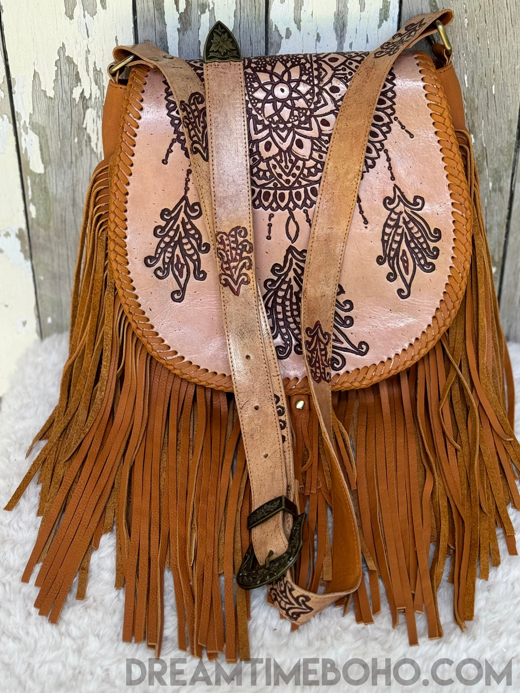 Hand Tooled Dreamcatcher Fringe Leather Boho Bag-Leather Crossbody Bag-Dreamtime Boho-Tan-Dreamtime Boho