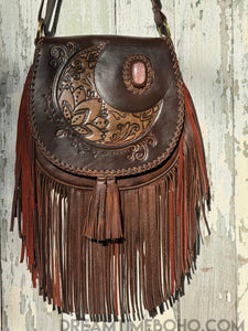 Crystal Moon Leather Fringe Boho Bag – Antique Brown-Handbags, Wallets & Cases-Dreamtime Boho-Antique Brown-Dreamtime Boho