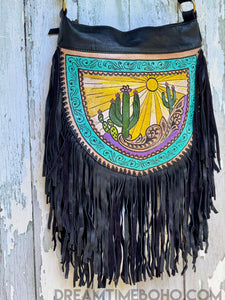 Cactus Desert Sun Leather Crossbody Fringe Boho Bag-Crossbody Bag-Dreamtime Boho -Dreamtime Boho