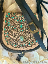 Load image into Gallery viewer, Tooled Leather Crossbody Boho Bag Turquoise/Black-Crossbody Handbag-Dreamtime Boho-Dreamtime Boho