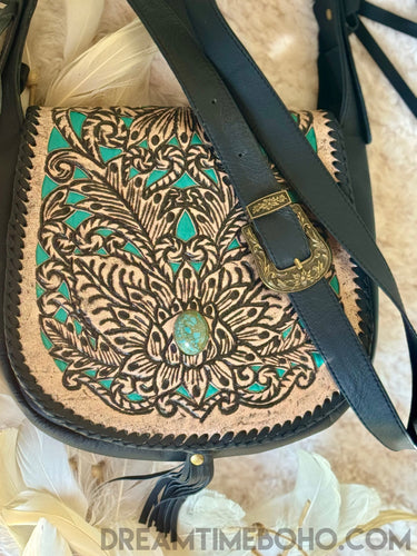 Tooled Leather Crossbody Boho Bag Turquoise/Black-Crossbody Handbag-Dreamtime Boho-Dreamtime Boho