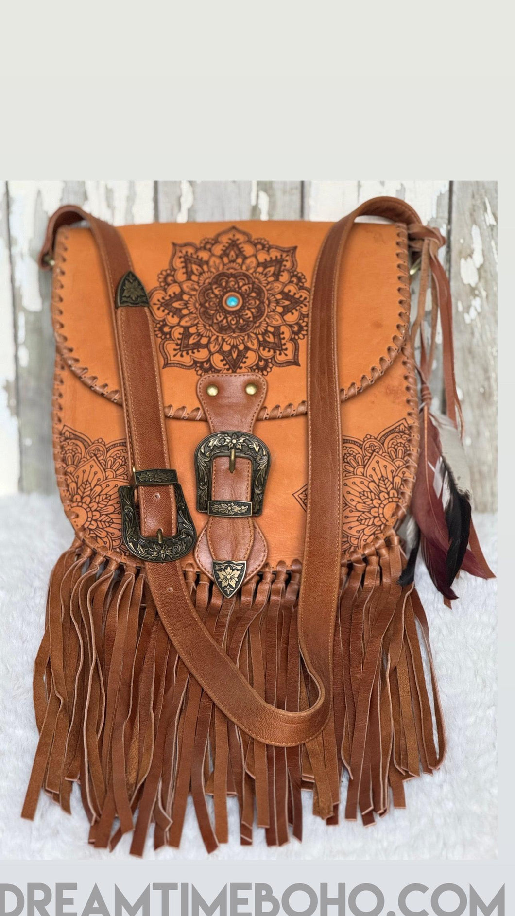 Mandala Leather Crossbody Leather Fringe Bag with Feathers