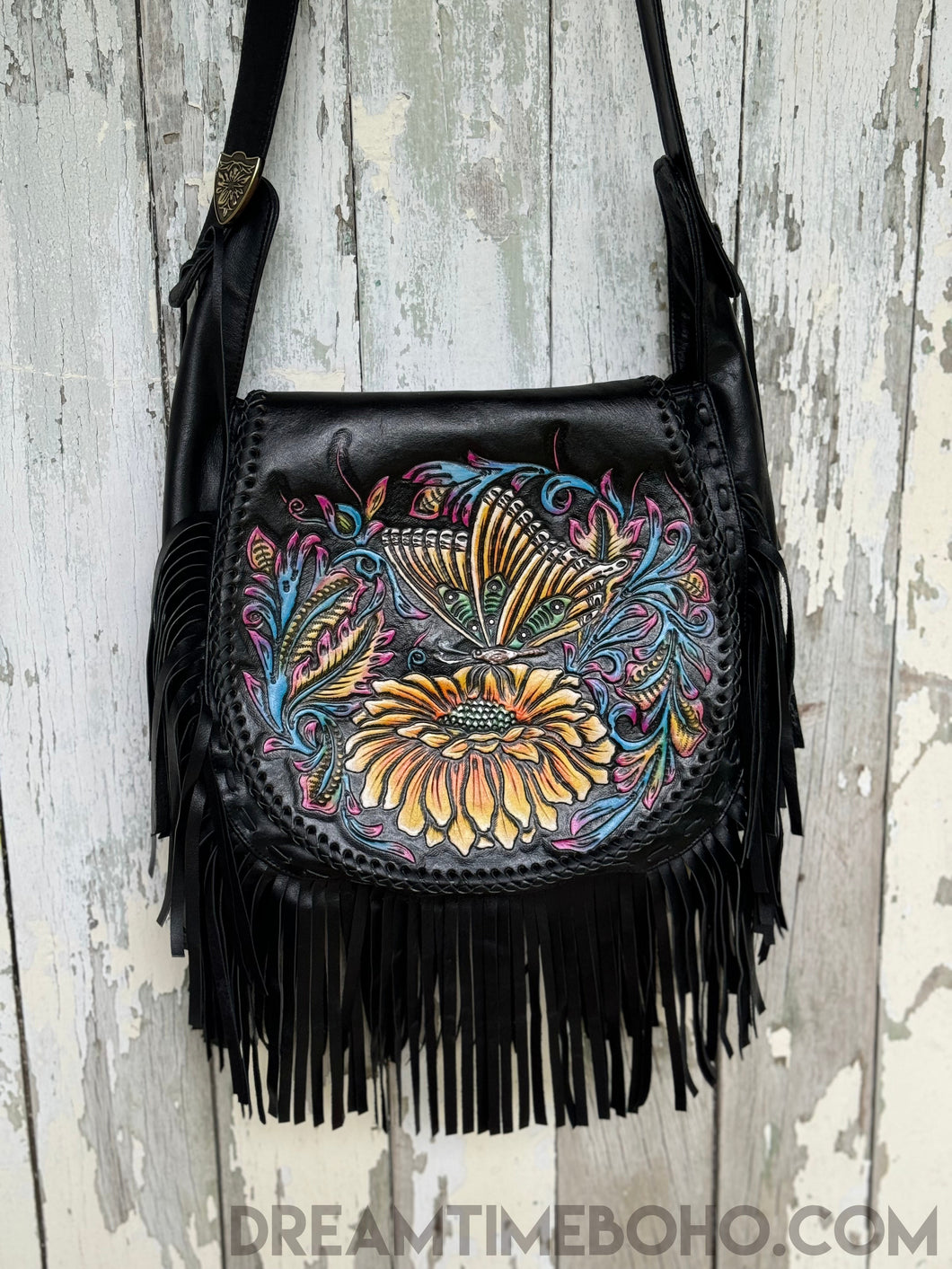 Hand Tooled Butterfly Dream Fringe Leather Boho Bag-Boho Fringe Bag-Dreamtime Boho-Dreamtime Boho