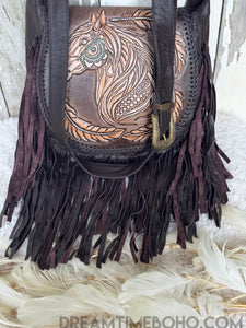 Wild Spirit Horse Leather Boho Bag Double Fringe Crossbody-Apparel & Accessories-Dreamtime Boho -Dreamtime Boho