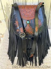 Load image into Gallery viewer, Hand Tooled Dreamcatcher Fringe Leather Boho Bag-Leather Crossbody Bag-Dreamtime Boho-Black/Turq Gemstone-Dreamtime Boho