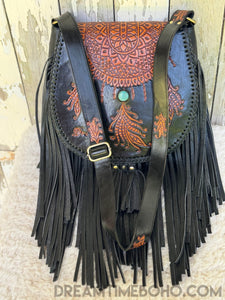 Hand Tooled Dreamcatcher Fringe Leather Boho Bag-Leather Crossbody Bag-Dreamtime Boho-Black/Turq Gemstone-Dreamtime Boho