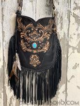 Load image into Gallery viewer, Goddess Hand Tooled Fringed Leather Boho Bag-Crossbody Bag-Dreamtime Boho-Black-Dreamtime Boho
