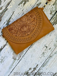 Tooled Leather Boho Wallet Purse Clutch-Leather Wallet-Dreamtime Boho-Black-Dreamtime Boho