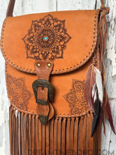 Load image into Gallery viewer, Mandala Leather Crossbody Leather Fringe Bag with Feathers