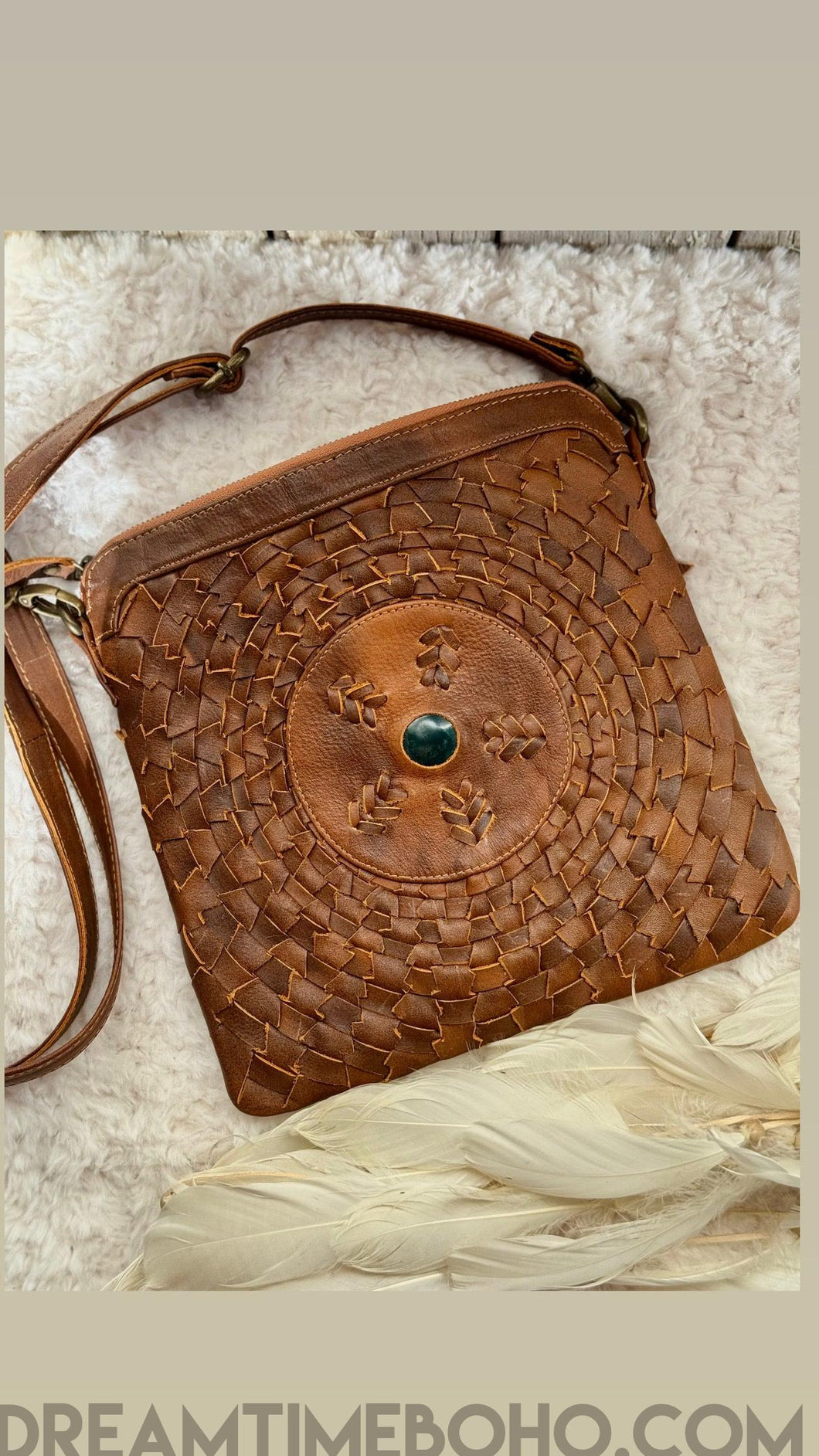 Handmade Leather Boho Crossbody Bag with Gemstone Accent-Handbags, Wallets & Cases-Dreamtime Boho -Dreamtime Boho