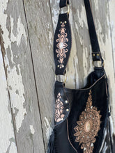 Load image into Gallery viewer, Hand Tooled Sahara Leather Crossbody Fringe Boho Bag - Black