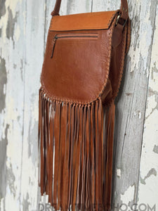 Mandala Leather Crossbody Leather Fringe Bag with Feathers