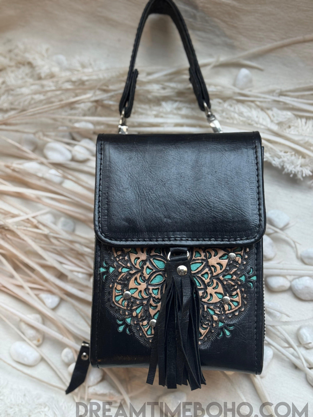 Hand-Tooled Leather Crossbody Wallet with Mandala Design-Apparel & Accessories-Dreamtime Boho -Black-Dreamtime Boho