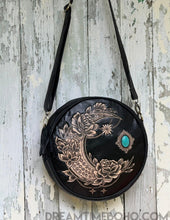 Load image into Gallery viewer, Rustic Moon Hand Tooled Round Leather Boho Bag