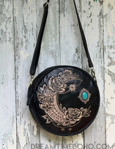 Rustic Moon Hand Tooled Round Leather Boho Bag