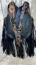 Load image into Gallery viewer, Desert Bloom Hand Tooled Leather Fringe Crossbody Bag – Black