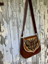 Load image into Gallery viewer, Hand Tooled Moth &amp; Skull Leather Crossbody Bag – Genuine Leather Boho Shoulder Bag-Handbags, Wallets &amp; Cases-Dreamtime Boho -Dreamtime Boho
