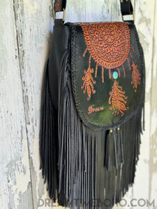 Hand Tooled Dreamcatcher Fringe Leather Boho Bag-Leather Crossbody Bag-Dreamtime Boho-Tan-Dreamtime Boho