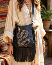 Load image into Gallery viewer, Handpainted Leather Snake Fringe Crossbody Boho Bag